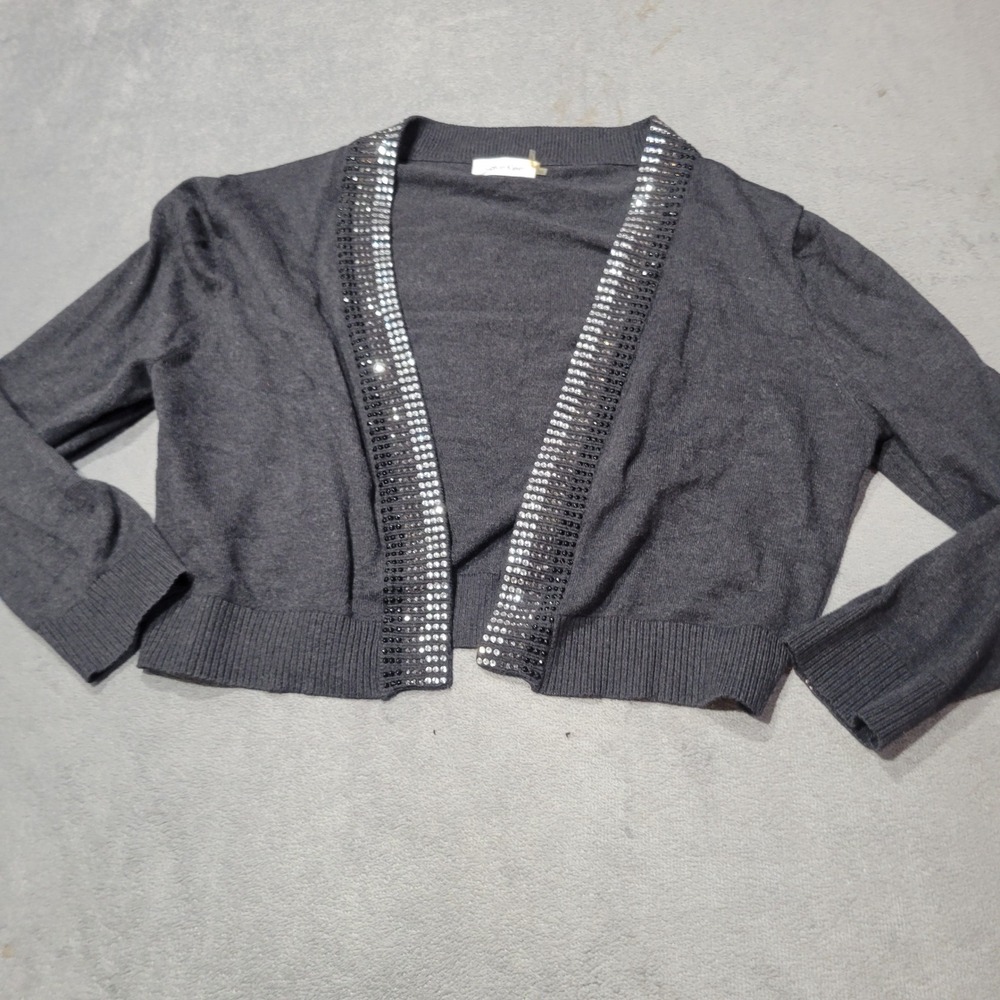 Calvin Klein Cardigan Womens Medium Gray Sequin Trim Cropped Open Front Shrug‎ M